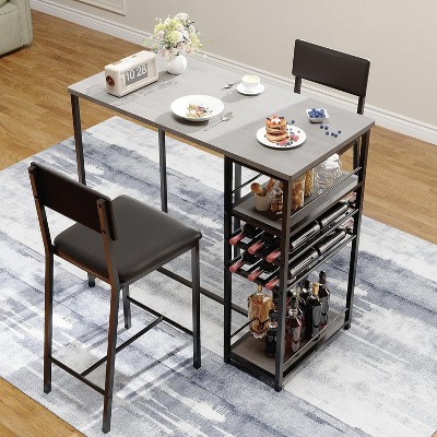 Dining Table Set for 2 with Storage Shelves, Metal Frame Counter Height Kitchen Table Set with 2 Upholstered Chairs for Small Space, Apartment