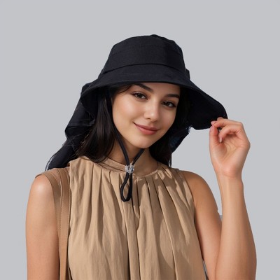 Anna-Kaci Womens Wide Brim Sun Hat UV Protection Flap Design with Back Bow Detail and Adjustable Chin Strap