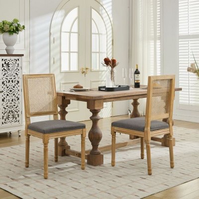 Akoasm Set of 2 Solid Wood Frame Dining Chairs with Square Rattan Backrest and Exquisitely Carved-Gray