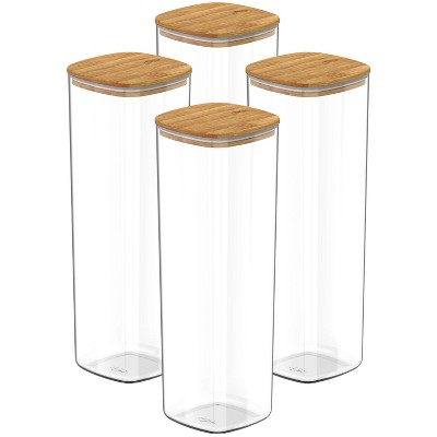 OU Airtight Food Storage Container Set 8pc (set of 4) Clear Plastic Storage Container w Leak Proof Bamboo Lid, Stackable Kitchen Pantry Organizer Jars
