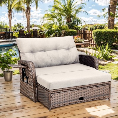 Patio Rattan Daybed Set with Cushioned Loveseat and Ottoman, Outdoor Double Chaise Lounger with 4-Level Adjustable Backrest and Retractable Side Trays
