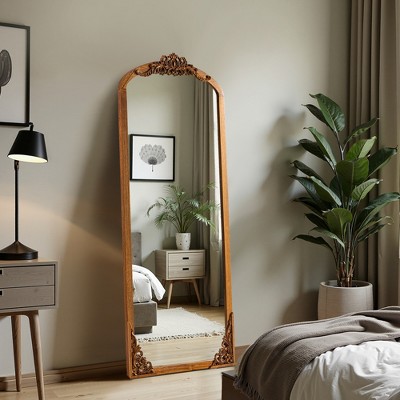 Wooakway Arch Solid Wood Accent Wall Mirror Ornate Full Length Vintage Leaning Mirror Retro Wall Decor