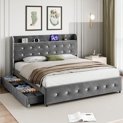 Full Bed Frame with 4 Storage Drawers, Velvet Upholstered Platform Bed Frame, Wooden Slats Support, No Box Spring Needed, 1000lbs Support, Gray