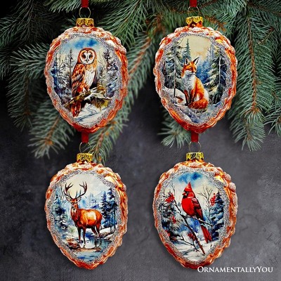 4pc Illustrious Pinecone Beauties Woodland Animal Set of Glass Christmas Ornaments, Deer, Fox, Owl and Cardinal Vintage Forest Decor| OrnamentallyYou