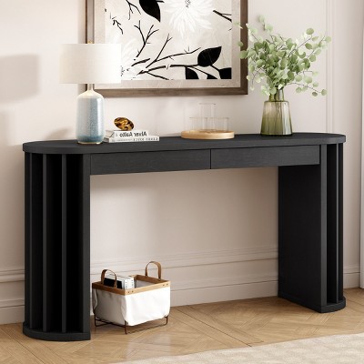 Modern Oval Console Table with Oak Veneer and Fan-Shaped Legs,MDF Entryway Table with 2 Drawers for Living Room or Hallway-Cuddlewood