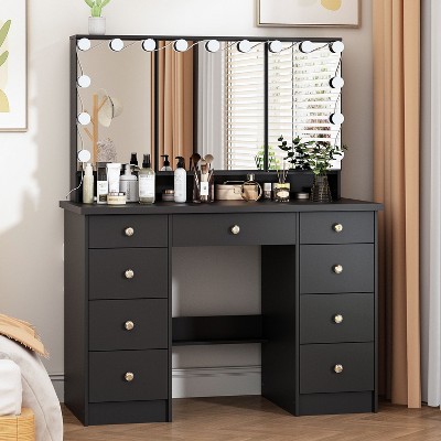 Famapy 43"W Large Vanity Table 9-Drawer Vanity Set with Crystal Pulls and Versatile Mirror Lighting