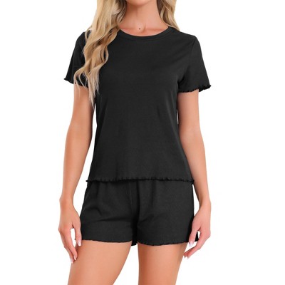 INSPIRE CHIC Women's Ribbed Knit Soft Short Sleeve Top and Shorts Ruffled Lounge Set Pajama Set with Pocket