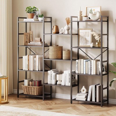 Coolmee Triple Column 4 Tier Bookshelf, Bookcase with 11 Open Storage Display Shelves, Rustic Industrial Book Shelves for Living Room Office
