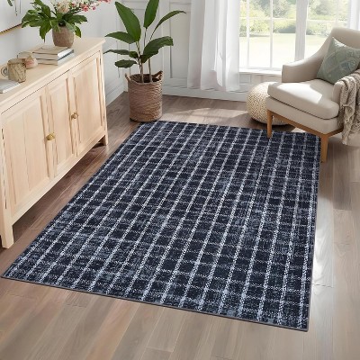 Washable Non-Slip Area Rug - Geometric Checkered Low Pile Indoor Carpet for Bedroom, Kitchen, Laundry