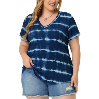 Agnes Orinda Women's Plus Size V Neck Short Sleeve Casual Stripe Tie Dye Basic T-Shirts