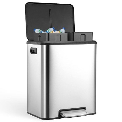 Acekool 8 Gallon Dual Compartment Trash Can, Stainless Steel Recycling Bin with Soft-Close Lid, Removable Inner Buckets, Hands-Free Pedal