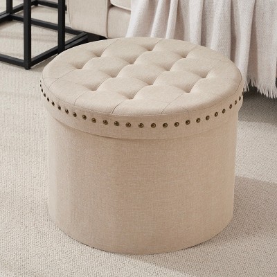 Ornavo Home Decor Large 20" Round Collapsible Storage Ottoman with Nailhead Trim for Living Room and Bedroom