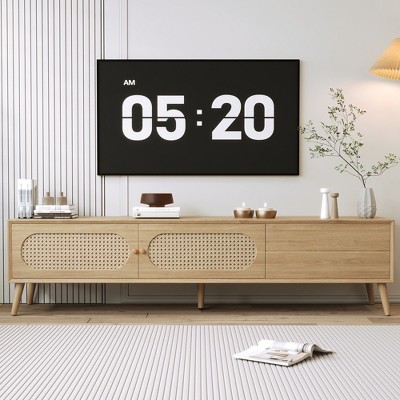Boho TV Stand for TVs up to 80'', Modern Farmhouse Media Console, Entertainment Center with Solid Wood Legs, Natural - ModernLuxe