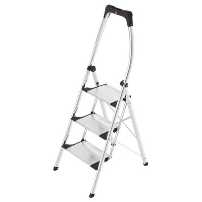 Hailo Folding Step Stool, Non-Slip Collapsible Aluminum Step Ladder with Tray for Garage, Home & Kitchen, Silver