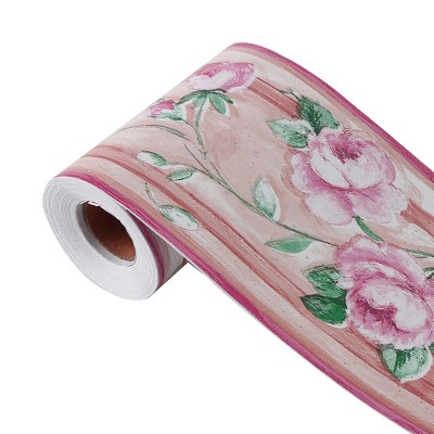 Unique Bargains Self Stick PVC Rose Pattern Wall Window Decor Wall Paper Border Fuchsia+Green