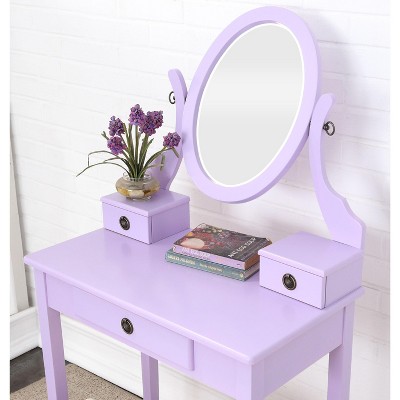 Okak Vanity Table and Chair Set, Wooden Makeup Vanity Table and Stool Set for Bedroom Living Room, with Elegant Mirror Oval Shape, Purple