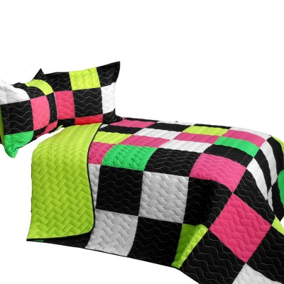 Slickblue Full/Queen 3PC Bed Quilt Set, Soft & Washable, Quilt Style, Patchwork, 90.5"x90.5", Purple/Pink, 3PC