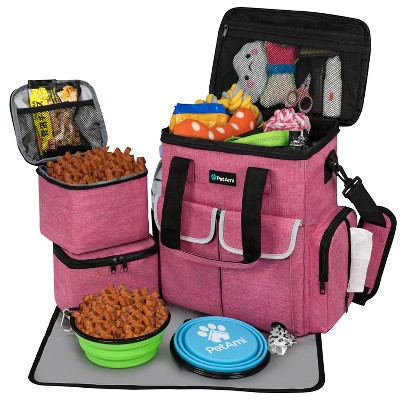 PetAmi Dog Travel Bag, Pet Supplies Accessories Organizer, Traveling Camping Weekend Essentials Kit, Food Container Collapsible Bowls