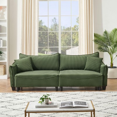 VASIP Sofa Showcasing Green Corduroy Fabric, Transformable into Sofa Bed with Two Throw Pillows: Ideal for Living Rooms & Diverse Scenes