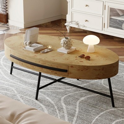 47.2" Oval Coffee Table with Drawer Mid-Century Modern Wooden Coffee Table with Storage and Cross Metal Leg