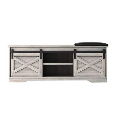 HomeRoots 47" Gray And Black Wood And Faux Leather Storage Bench with Shelves