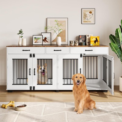 Jojoka Double Dog Crate Furniture, Heavy Duty Indoor Dog Kennel with Divider, 3 Storage Drawers, Decorative Pet Cage