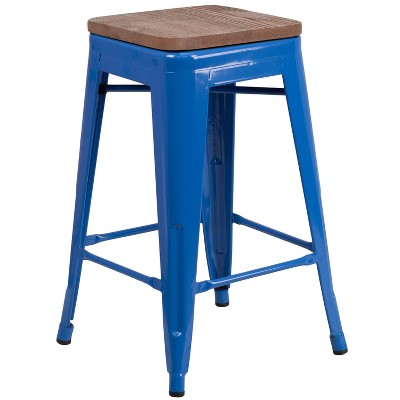 Emma and Oliver 24"H Backless Metal Counter Height Stool with Wood Seat