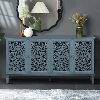 ModernLuxe Vintage Storage Cabinet TV Stand Retro Sideboard Wood Buffet Cabinet Accent Cabinet with Floral Carvings & Adjustable Shelves, Blue/Black