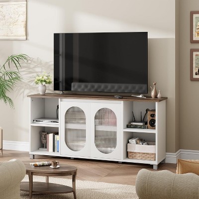 TV Stand, 70 Inch for Living Room, Rustic Entertainment Center with Corrugated Glass Doors, Open Shelves, Storage Cabinets