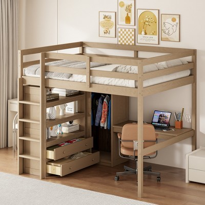 TIRAMISUBEST Full Size Loft Bed with Built-in Wardrobe, Multifunctional Wood Bed Frame with Desk, Shelves and Drawers