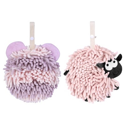 REGALWOVEN 2 Packs Chenille Fuzzy Ball Bathroom Sheep Shape Absorbent Fast Drying Hand Towels 7" x 7"