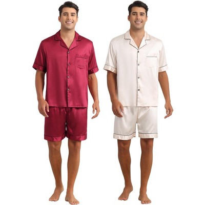 INSPIRE CHIC Men's 2 Pack Satin Pajamas Set Classic Short Sleeve Loungewear