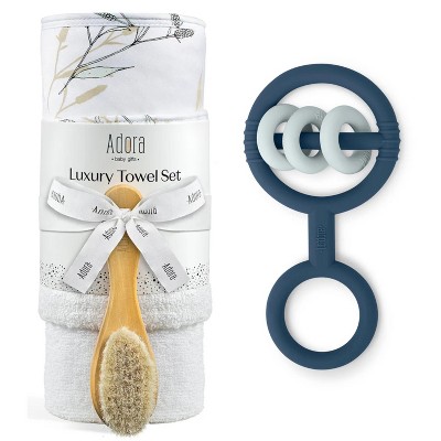 La’dore Baby Towel & Teether Gift Set – Soft Hooded Towel, Washcloth & Baby Brush With Silicone Rattle Teether – Newborn Essentials, BPA-Free