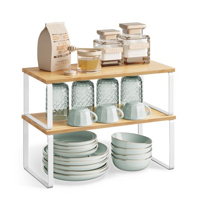 SONGMICS Cabinet Organizer Shelf, Set of 2 Kitchen Counter Shelves, Kitchen Storage, Spice Rack, Stackable, Expandable, Metal and Engineered Wood