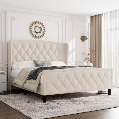 Bed Frame with 4 Storage Drawers, Wingback Headboard, Charging Station, Diamond Design, No Box Spring Needed