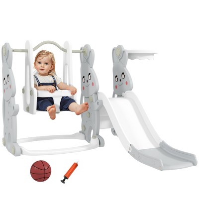 Qaba 4 in 1 Toddler Slide and Swing Set with Climber, Basketball Hoop, Rabbit Themed Indoor Outdoor Kids Playset for Ages 1.5-4