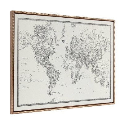 Sylvie Beaded Vintage Black and White World Map Framed Canvas by The Creative Bunch Studio - Kate & Laurel All Things Deco