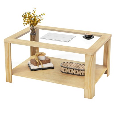 Tangkula 2-Tier Coffee Table w/ Tempered Glass Tabletop & Storage Shelf Rounded Corners