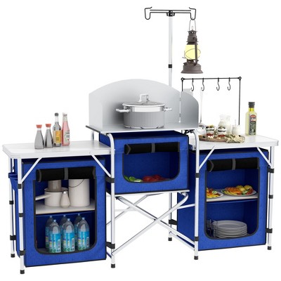 Outsunny Camping Kitchen Table, Portable Folding Camp Kitchen, Aluminum Cook Station with 3 Fabric Cupboards, Windshield, Carrying Bag