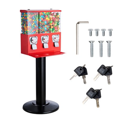 VEVOR Commercial Vending Machine, Triple Compartment Candy Dispenser with Iron Stand, Gumball and Candy Machine for Business, Red