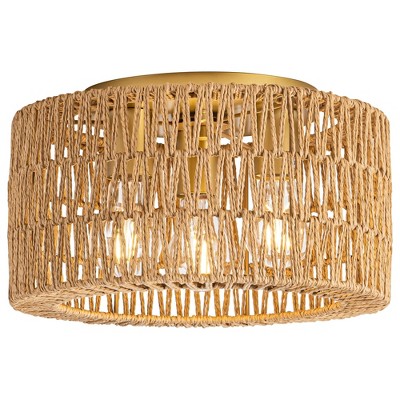 Itopfox Rattan Ceiling Light Fixture, 3 Light Bohemian Modern Woven Flush Mount for Bedroom Living Room Dining Room, Bulb Not Included