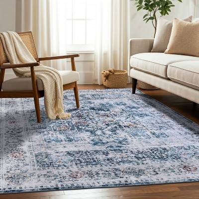 Delara Machine Washable Area Rug, Soft & Durable, Non-Slip Rug for High Traffic Areas, Blue/Coral
