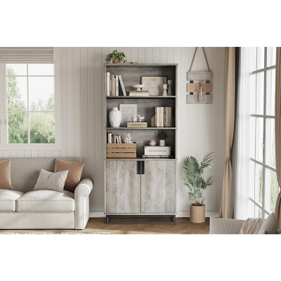 5 Tier Bookcase with Adjustable Shelves and Doors, Tall Bookshelf w/Metal Legs, Rustic Bookcase
