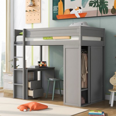 Twin Size Loft Bed with Wardrobes and 2-Drawer Desk with Cabinet