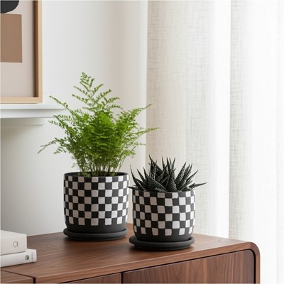 Set of 2 Ceramic Saucer Planters with Drainage Tray - Ceramic, Checkered Pattern, Modern Decorative Pots for Home & Garden - 6", 5" Brown & Black