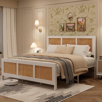 Queen Size Bed Frame with Headboard Bohemian Rattan Platform Bed Frame with Strong Metal Slats Support No Box Spring Needed Noise-Free Design, Black