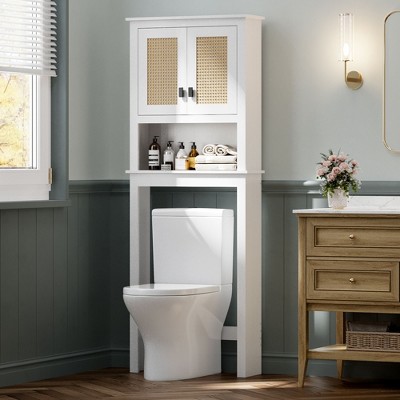 Over The Toilet Storage Cabinet, 63" H Bathroom Space Saver Organizer with Rattan Doors & Adjustable Shelves, for Small Bathrooms, Laundry Room