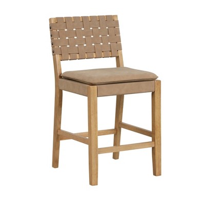 Faux Leather Woven Counter Height Barstool Warm Pine/Brushed Light Brown - Nathan James: Upholstered Seat, Rubberwood Legs