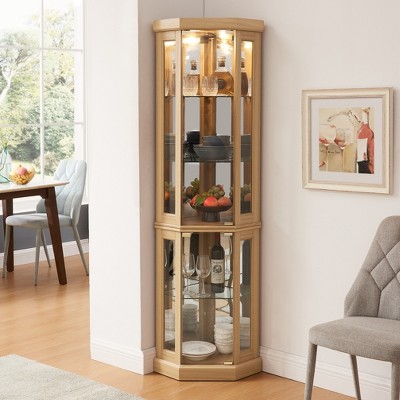 YOOCOZZ Corner Lighted Glass Curio Cabinet Display Case with Light for Living Room Antique Collection Wine Bar Glass Storage