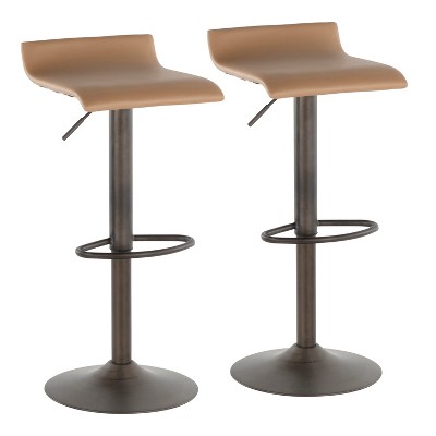 LumiSource Set of 2 Ale Industrial Adjustable Barstools Antique/Camel:: Swivel Seat, Metal Base, Faux Leather Upholstery